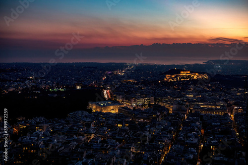 The aerial view of Athens from Lycabetus hill just after the sunset