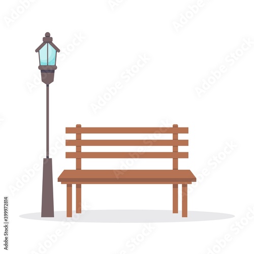Park bench and lantern. Street bench. Vector illustration in flat style on white isolated background.