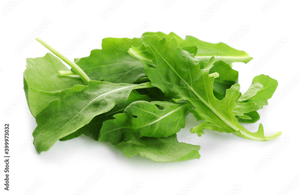 Fresh green arugula leaves on white background Fresh green arugula leaves on white background