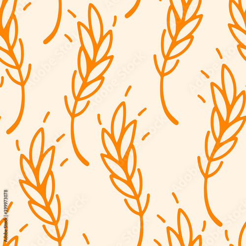 Spikelets and grains of wheat, vector seamless pattern. Outline drawn. Design on the theme of bakery products, flour, harvest. Ornament. Agro culture.
