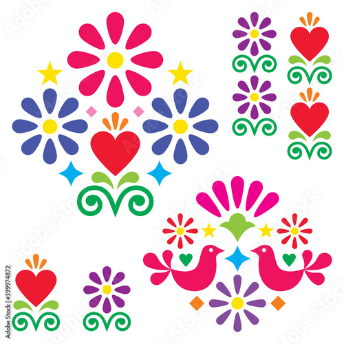 Mexican folk art vector designn elements and patterns, vibrant colorful motifs with flowers, birds, hearts
