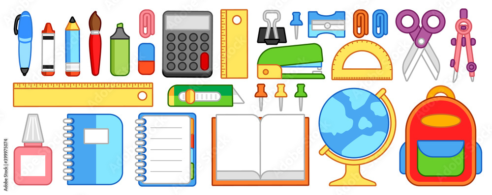 set of simple colourful cute cartoon school stationery isolated on a white background, vector illustration set of simple colourful cute cartoon school stationery isolated on a white background, vector illustration
