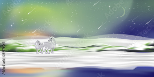 Winter landscape with couple unicorn standing on snow with northern light and crescent moon,Vector Starry Night sky with shining stars and comet falling over mountain and spectacular aurora borealis