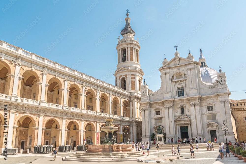 LORETO, ITALY – AUG 13, 2020: The Basilica della Santa Casa (English: Basilica of the Holy House) is a Marian shrine in Loreto, Italy
