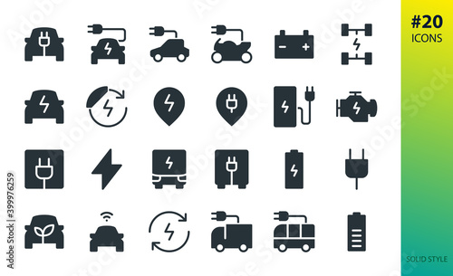 Electric car solid vector icon. Set of e car, electric bus, truck, vehicle, auto, charge station parking, engine, plug, battery, eco transport, autopilot, smart car glyphs icon