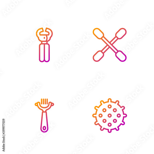 Set line Tennis ball, Hair brush for dog and cat, Pet nail clippers and Cotton swab ears. Gradient color icons. Vector.