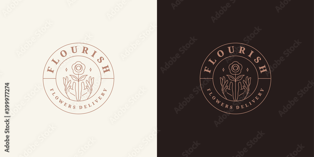 Female hands holding abstract rose flower logo template linear vector illustration. Female hands holding abstract rose flower logo template linear vector illustration.