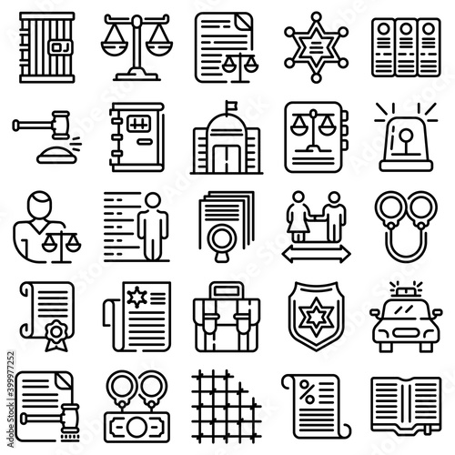Criminal justice icons set. Outline set of criminal justice vector icons for web design isolated on white background
