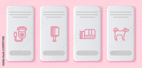 Set line Hair clipper pet, brush for dog and cat, Towel stack and Dog. White rectangle button. Vector.