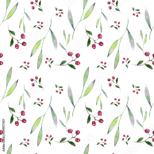 Watercolor illustration. Seamless pattern on a white background from berries and a green branch, summer seamless design for fabric, paper, background, etc.