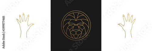 Vector line elegant decoration design elements set - lion head and gesture hands illustrations minimal linear style