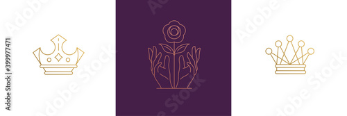 Vector line elegant decoration design elements set - crowns and female gesture hands illustrations minimal linear style