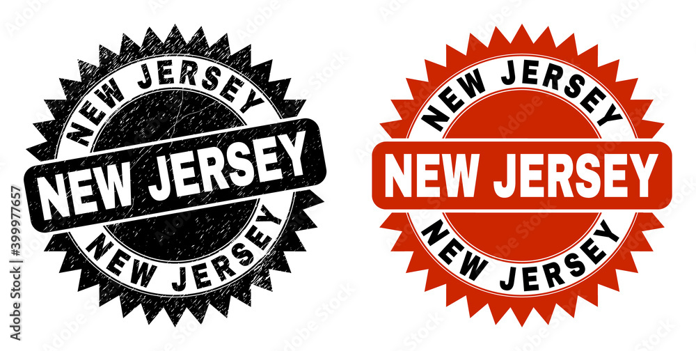 Black rosette NEW JERSEY seal stamp. Flat vector distress stamp with NEW JERSEY phrase inside sharp star shape, and original clean template. Watermark with distress surface.