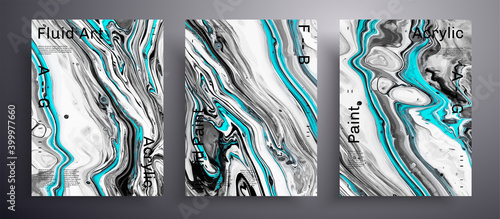 Abstract vector banner, texture pack of fluid art covers. Beautiful background that applicable for design cover, invitation, flyer and etc. Black, white and blue creative iridescent artwork