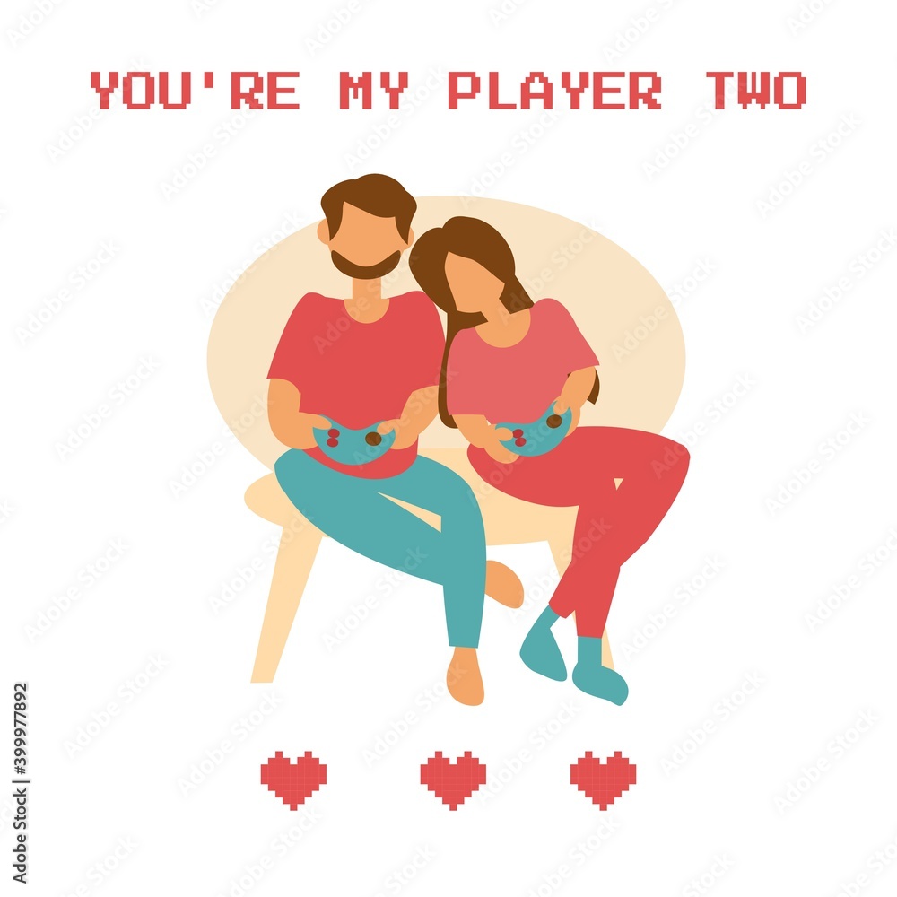 Couple playing consoles You are my player two card Flat vector illustration Couple playing consoles You are my player two card Flat vector illustration