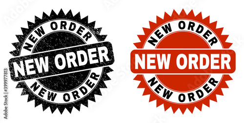 Black rosette NEW ORDER seal stamp. Flat vector distress stamp with NEW ORDER message inside sharp rosette, and original clean version. Imprint with distress texture.