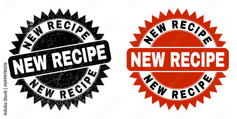 Obraz premium Black rosette NEW RECIPE seal. Flat vector textured seal stamp with NEW RECIPE title inside sharp rosette, and original clean version. Rubber imitation with corroded style.