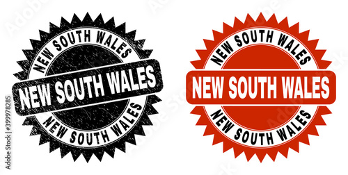 Black rosette NEW SOUTH WALES seal stamp. Flat vector textured seal stamp with NEW SOUTH WALES text inside sharp rosette, and original clean source. Imprint with distress texture.
