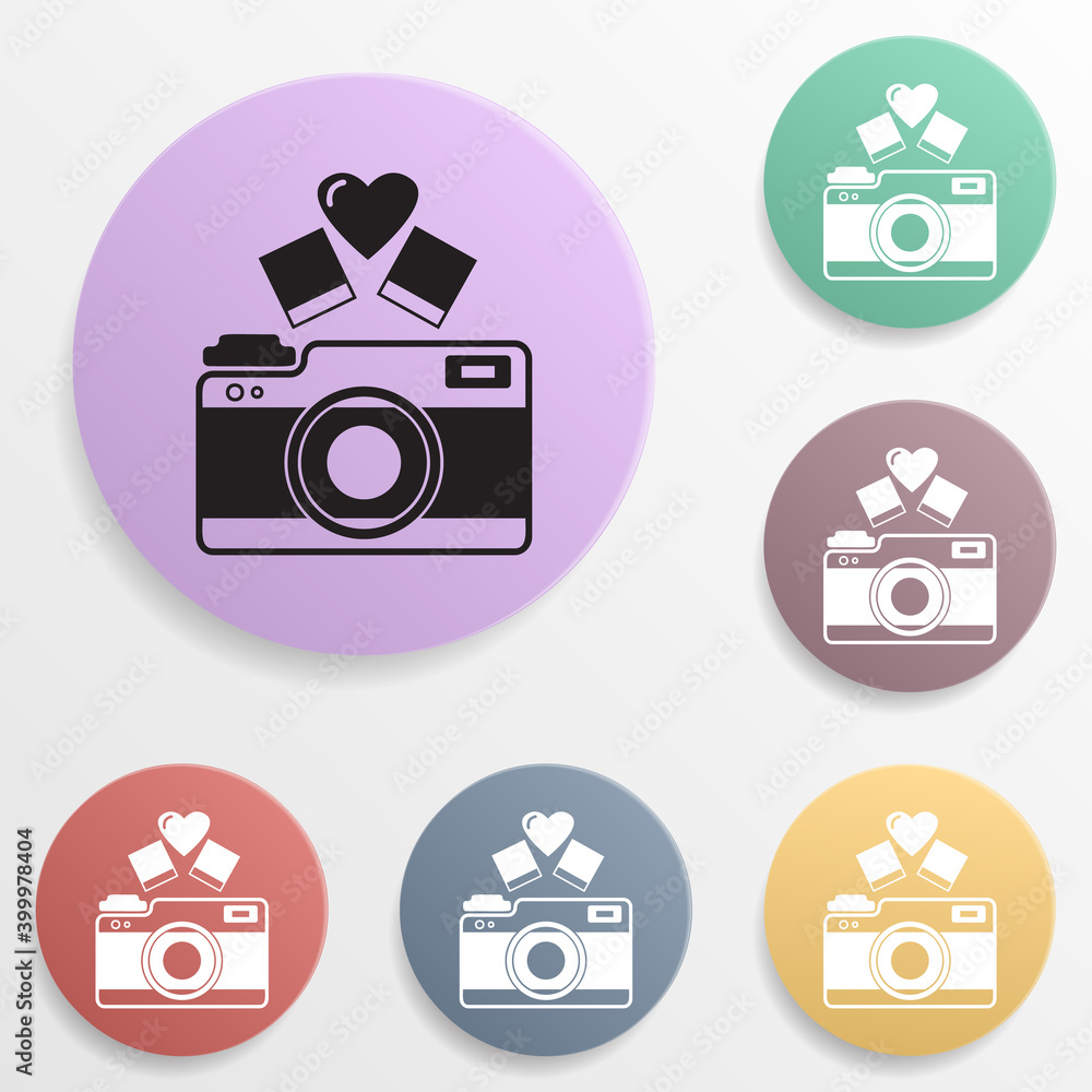 Camera with heart badge color set icon. Simple glyph, flat vector of valentine's day- wedding icons for ui and ux, website or mobile application Camera with heart badge color set icon. Simple glyph, flat vector of valentine's day- wedding icons for ui and ux, website or mobile application