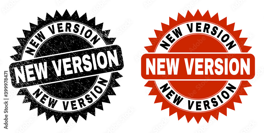 Obraz premium Black rosette NEW VERSION watermark. Flat vector textured watermark with NEW VERSION phrase inside sharp rosette, and original clean source. Watermark with unclean surface.
