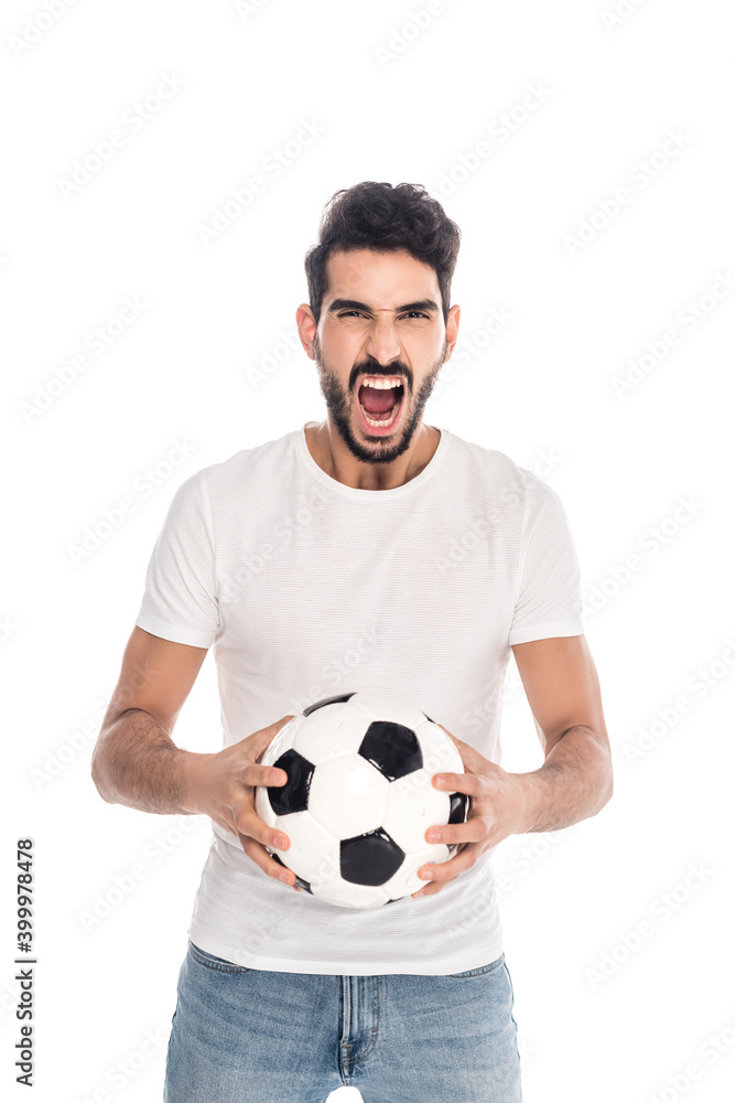 excited hispanic man screaming while holding soccer ball isolated on white excited hispanic man screaming while holding soccer ball isolated on white