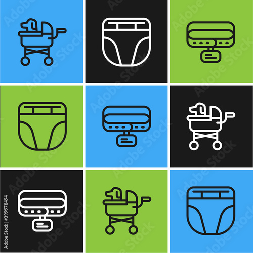 Set line Pet stroller, Collar with name tag and Diaper for dog icon. Vector.