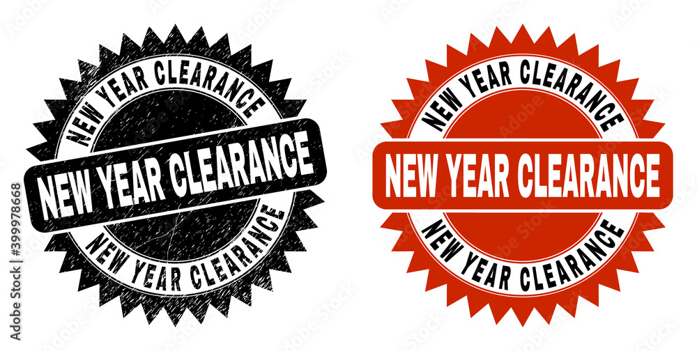 Obraz premium Black rosette NEW YEAR CLEARANCE seal stamp. Flat vector grunge stamp with NEW YEAR CLEARANCE title inside sharp rosette, and original clean source. Rubber imitation with grunge texture.