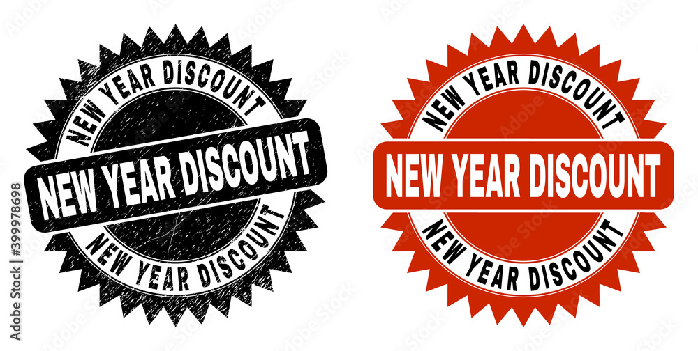 Obraz premium Black rosette NEW YEAR DISCOUNT seal stamp. Flat vector grunge stamp with NEW YEAR DISCOUNT caption inside sharp rosette, and original clean version. Rubber imitation with grunge surface.
