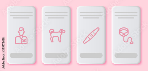 Set line Veterinarian doctor, Dog, Nail file pet and Retractable cord leash. White rectangle button. Vector.
