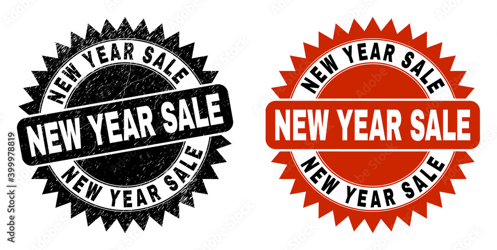 Black rosette NEW YEAR SALE seal stamp. Flat vector distress seal with NEW YEAR SALE title inside sharp rosette, and original clean template. Rubber imitation with corroded surface.