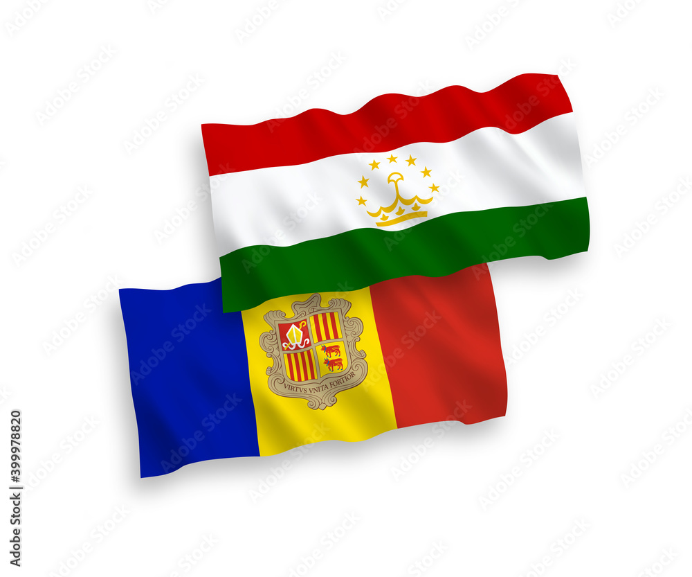 National vector fabric wave flags of Tajikistan and Andorra isolated on white background. 1 to 2 proportion. National vector fabric wave flags of Tajikistan and Andorra isolated on white background. 1 to 2 proportion.