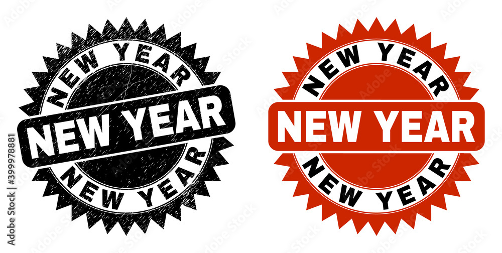 Obraz premium Black rosette NEW YEAR seal stamp. Flat vector scratched seal stamp with NEW YEAR text inside sharp star shape, and original clean version. Watermark with scratched texture.