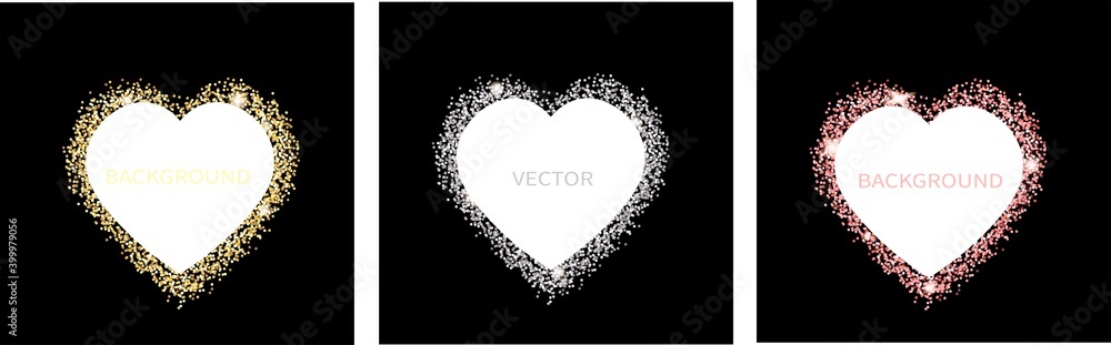 Sparkling heart dust isolated on black background. For social media posts, mobile apps, banners design and web/internet. Glitter style. Vector set.