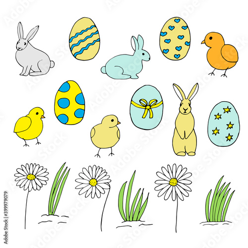 Easter set, vector illustration, bunnies, chickens, eggs and daisies, hand drawing colored