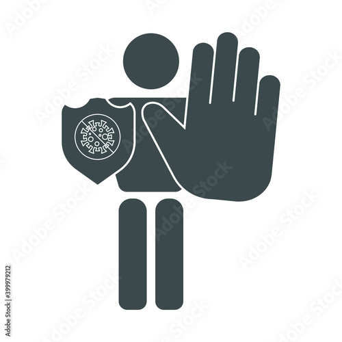 
Social distancing Maintain a safe distance. Vector image.
A man with an outstretched palm and a shield in his hand.
