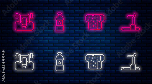 Set line Bottle of water, Bread toast, Bench with barbel and Treadmill machine. Glowing neon icon on brick wall. Vector.