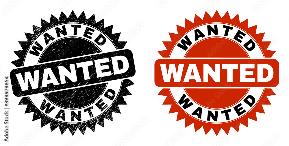 Fototapeta premium Black rosette WANTED watermark. Flat vector scratched watermark with WANTED text inside sharp rosette, and original clean template. Rubber imitation with unclean texture.