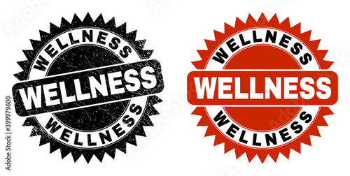 Black rosette WELLNESS seal stamp. Flat vector scratched seal with WELLNESS phrase inside sharp rosette, and original clean template. Watermark with unclean texture.