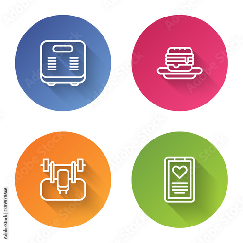 Set line Bathroom scales, Junk food, Bench with barbel and Medical clipboard. Color circle button. Vector.