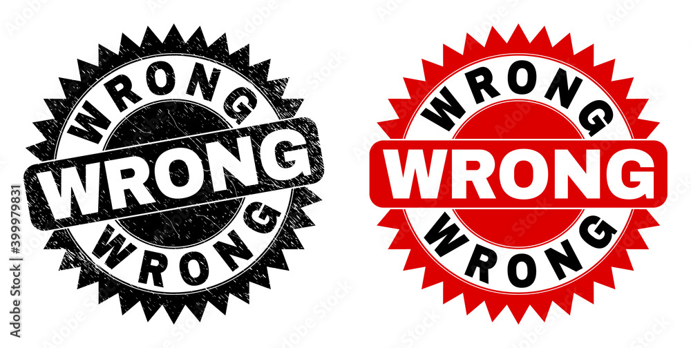 Black rosette WRONG watermark. Flat vector distress watermark with WRONG phrase inside sharp rosette, and original clean version. Rubber imitation with distress texture. Black rosette WRONG watermark. Flat vector distress watermark with WRONG phrase inside sharp rosette, and original clean version. Rubber imitation with distress texture.