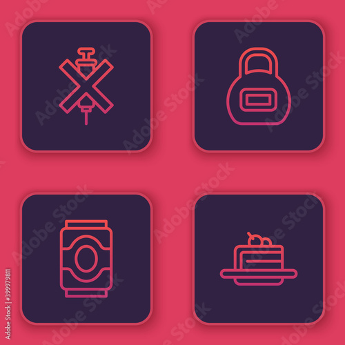 Set line No doping syringe, Soda can, Kettlebell and Cake. Blue square button. Vector.