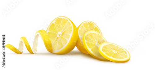 Halves of lemons with slices and peels on a white background. Vector illustration