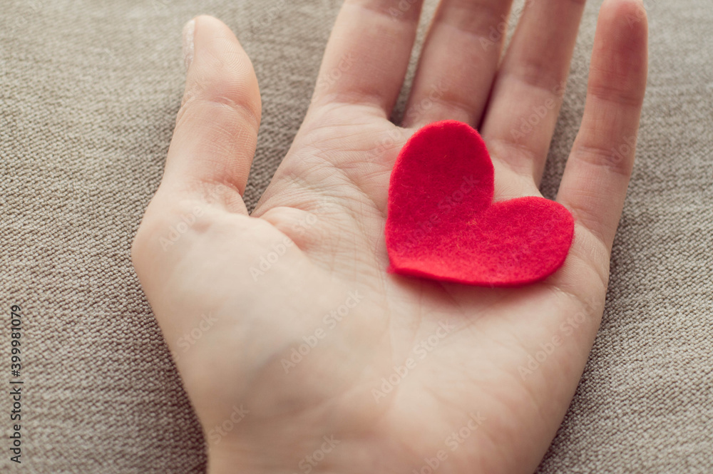 Heart in human hands. Red heart made of felt in the palm of a person. Holiday concept, health concept. February 14, Valentine's Day Heart in human hands. Red heart made of felt in the palm of a person. Holiday concept, health concept. February 14, Valentine's Day