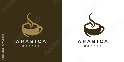 Premium coffee shop logo. Cafe mug icon. Latte aroma symbol. Espresso hot drink cup sign. Arabica cappuccino emblem. Vector illustration.