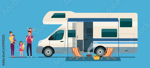 Campervan mobile home with open door and awning together with a vacationing family. Vector flat style illustration.
