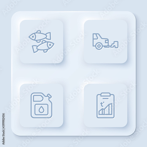 Set line Dead fish, Car exhaust, Canister for gasoline and Global warming. White square button. Vector.