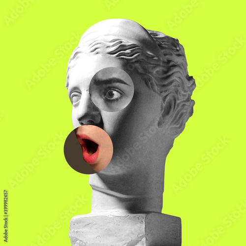 Collage with plaster head model, statue and female portrait isolated on green background. Negative space to insert your text. Modern design. Contemporary colorful and conceptual bright art collage.