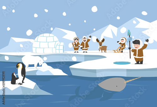  Arctic landscape with Eskimo Igloo ice house  family background