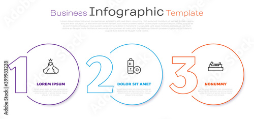 Set line Volcano eruption with lava, Battery and Oil tanker ship. Business infographic template. Vector.