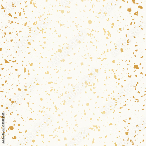 Vector white and gold foil hand crafted terrazzo pattern background. Backdrop of dense coarse grained stone granite particles. Abstract igneous rock texture of mineral crystals. All over print.